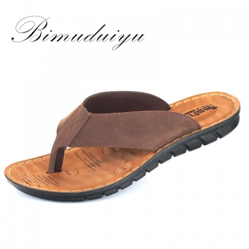 BIMUDUIYU Men Flip Flops Casual Men Shoes Genuine Leather Slippers Summer Fashion Handmade Beach Flip Flops 